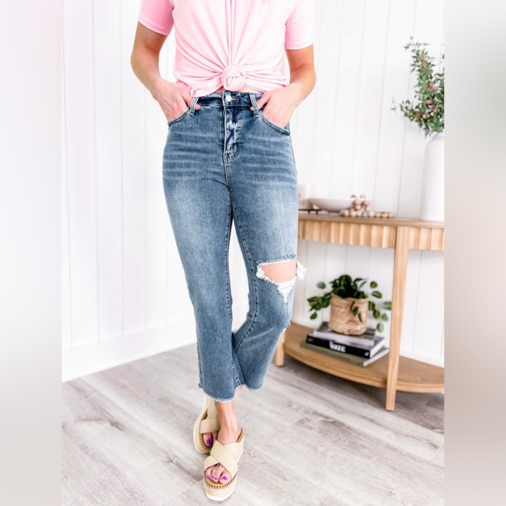 Vervet High Rise Distressed Ankle Flare Jeans